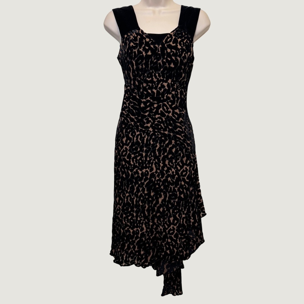 Nanette Lepore Midi Dress 6 Black Leopard Burnout Velvet Mob Wife Goth Y2K